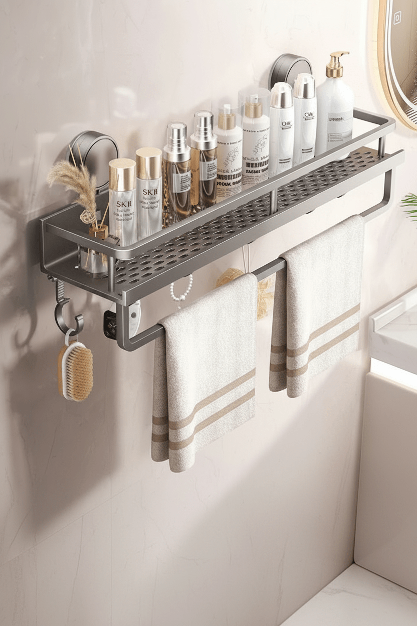 No Drill Bathroom Rack - Aluminium - With/Without Hooks - Housdecor